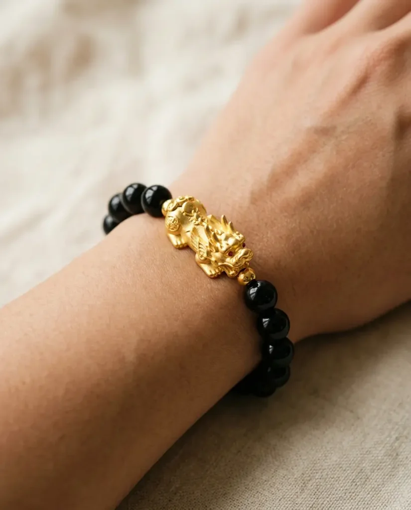 Close-up of a black obsidian Pixiu bracelet worn on the left wrist with the Pixiu head facing outward toward the little finger, demonstrating the correct feng shui wearing orientation