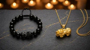 A black obsidian Pixiu bracelet and a gold Pixiu pendant placed side by side on dark stone, representing two forms of feng shui wealth talisman