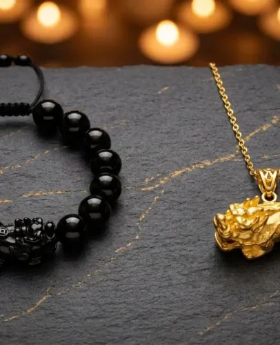 A black obsidian Pixiu bracelet and a gold Pixiu pendant placed side by side on dark stone, representing two forms of feng shui wealth talisman