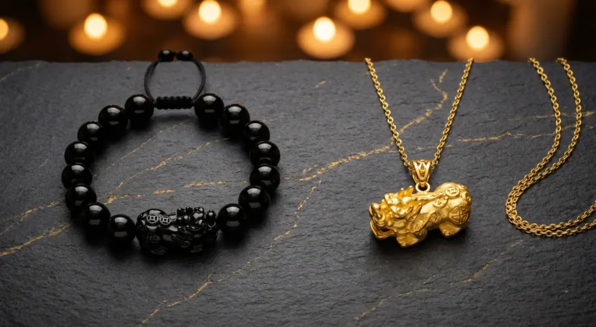 pixiu-bracelet-vs-pendant-comparison-feng-shui A black obsidian Pixiu bracelet and a gold Pixiu pendant placed side by side on dark stone, representing two forms of feng shui wealth talisman