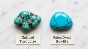 Real turquoise stone with organic spiderweb matrix next to dyed howlite fake on white surface, side-by-side comparison