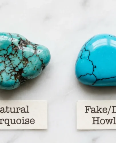 Real turquoise stone with organic spiderweb matrix next to dyed howlite fake on white surface, side-by-side comparison