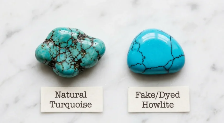 real-turquoise-vs-fake-howlite-comparison Real turquoise stone with organic spiderweb matrix next to dyed howlite fake on white surface, side-by-side comparison
