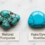 real-turquoise-vs-fake-howlite-comparison Real turquoise stone with organic spiderweb matrix next to dyed howlite fake on white surface, side-by-side comparison