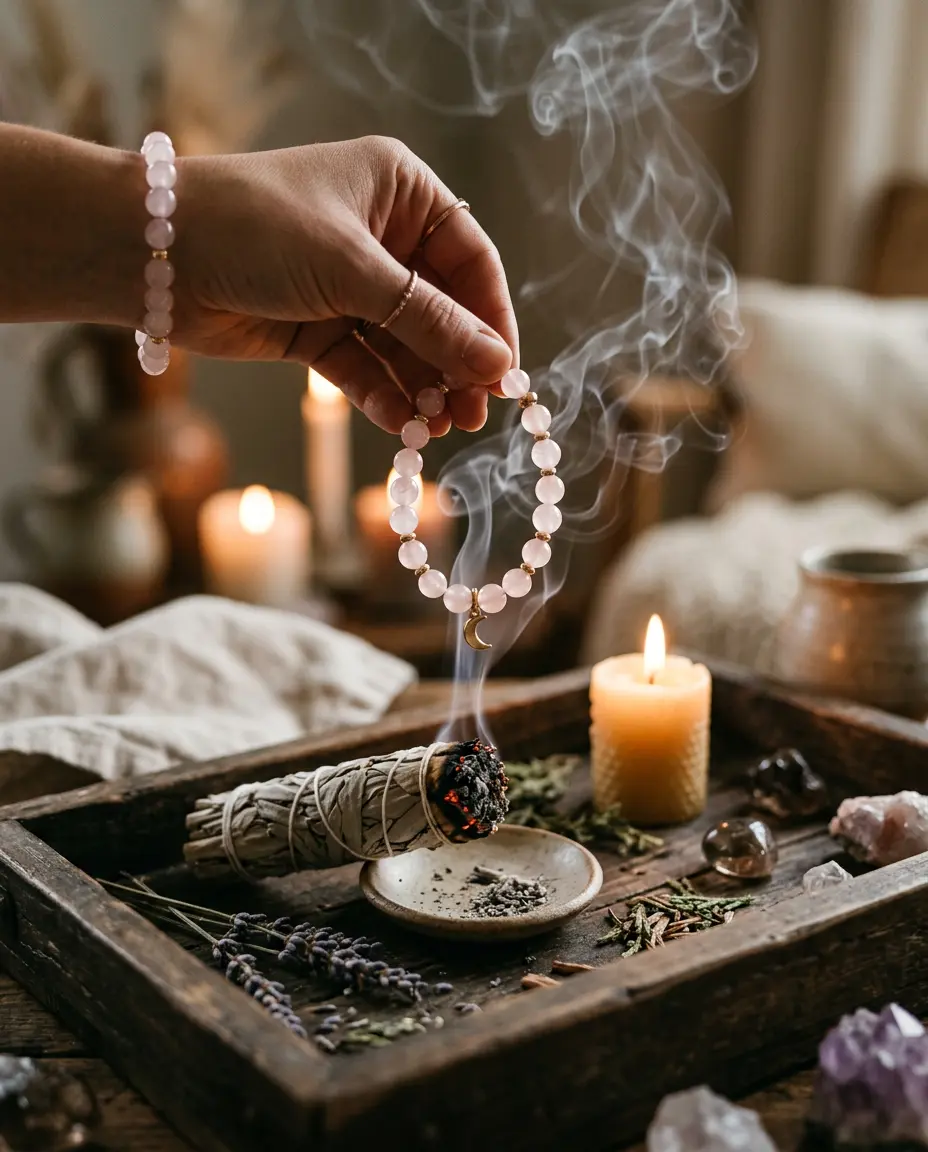 A crystal bracelet being held over white sage smoke for energetic cleansing, wooden tray and crystals in background