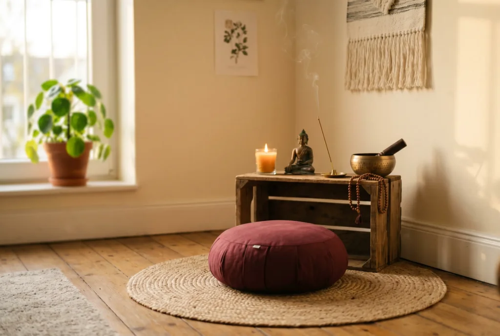 A simple Tibetan Buddhist home meditation altar in a small apartment corner — burgundy zafu cushion on jute mat, low wooden shelf holding a lit candle, small Buddha statue, singing bowl, and mala beads, with incense smoke curling upward