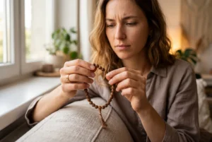 A skeptical woman gently holding a mala bead bracelet for the first time, looking curious and uncertain, soft natural light