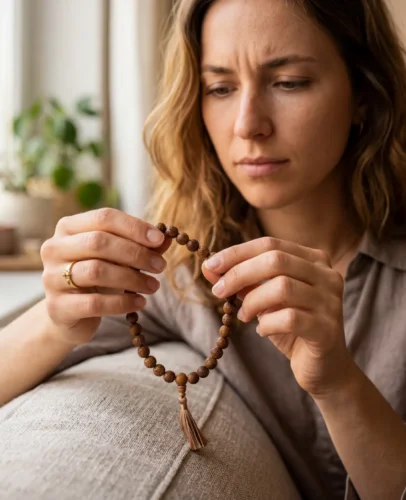 A skeptical woman gently holding a mala bead bracelet for the first time, looking curious and uncertain, soft natural light