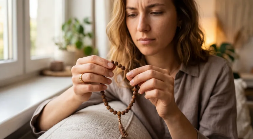 skeptic-holds-spiritual-jewelry-first-time A skeptical woman gently holding a mala bead bracelet for the first time, looking curious and uncertain, soft natural light