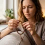 A skeptical woman gently holding a mala bead bracelet for the first time, looking curious and uncertain, soft natural light
