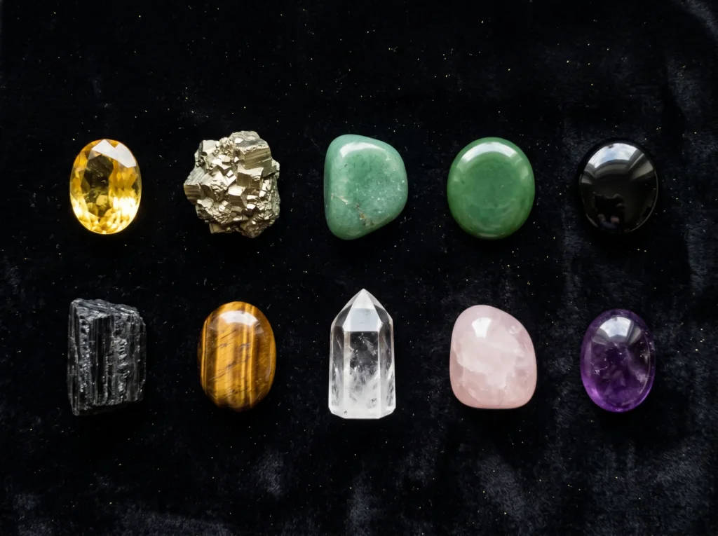 Ten feng shui wealth crystals including citrine, pyrite, green aventurine, green jade, black obsidian, black tourmaline, tiger's eye, clear quartz, rose quartz, and amethyst arranged in two rows on black velvet