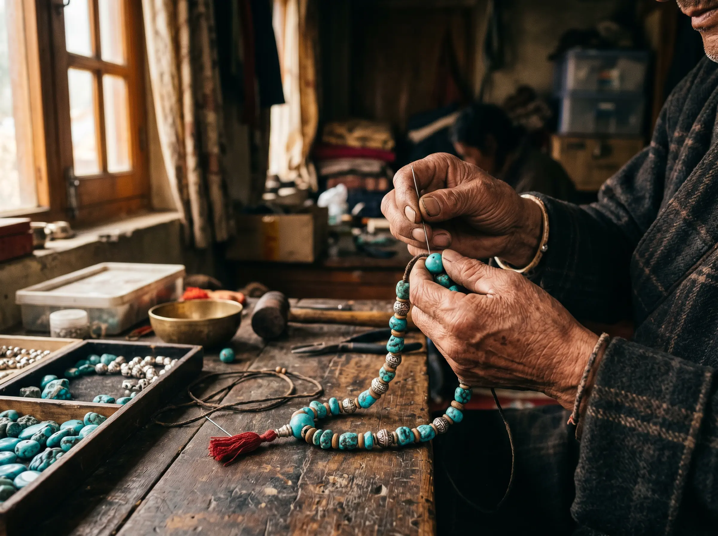 Tibetan artisan's weathered hands stringing turquoise mala beads by hand in a traditional Himalayan workshop with warm natural light