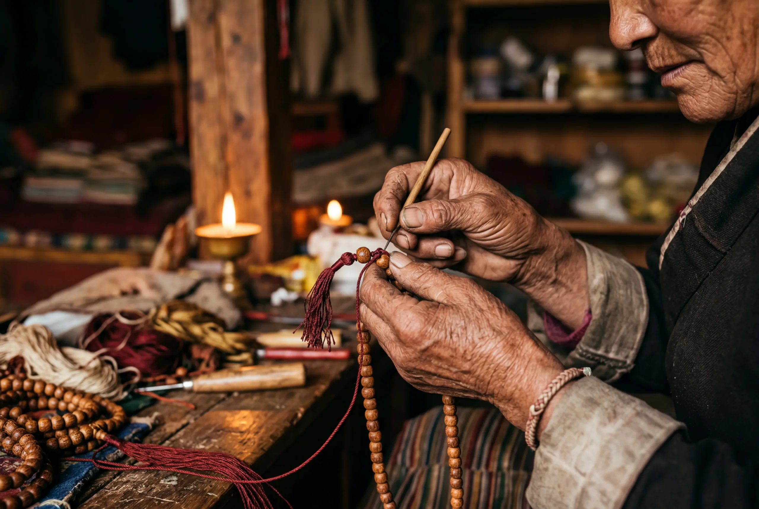 Tibetan artisan's hands hand-knotting an authentic 108-bead mala necklace, traditional workshop setting, warm amber light, genuine craftwork visible