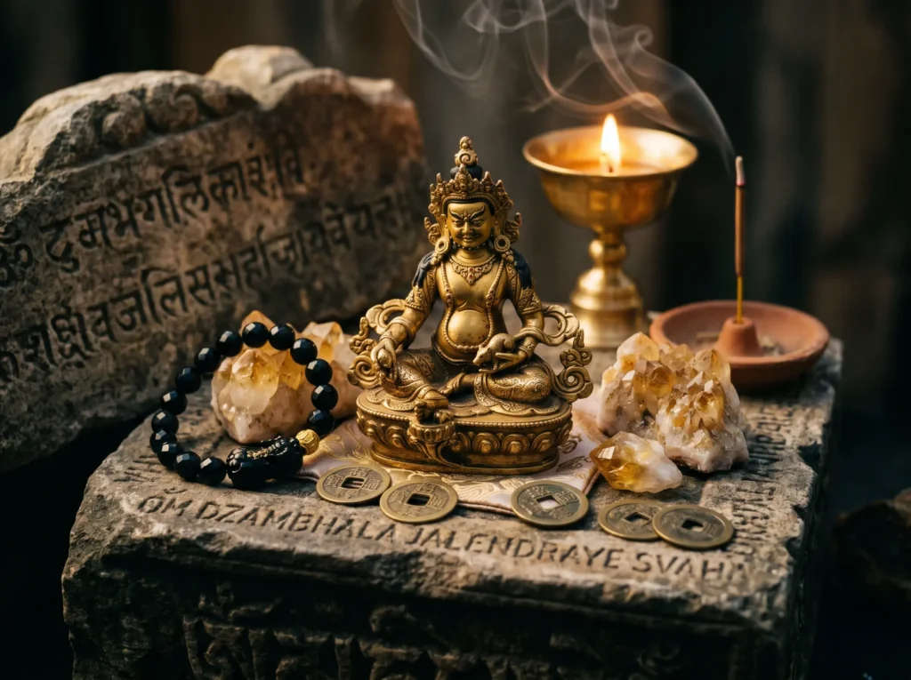 Tibetan Buddhist wealth altar with yellow Dzambhala figurine, citrine crystals, eight gold coins, incense smoke, and a monastery-blessed Pixiu bracelet on aged stone surface