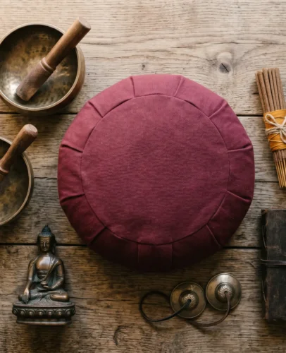 Seven authentic Tibetan meditation starter kit components laid out on a natural wood surface — zafu cushion, 108-bead mala, hand-hammered singing bowl, Tibetan incense, tingsha bells, Buddha statue, and leather journal