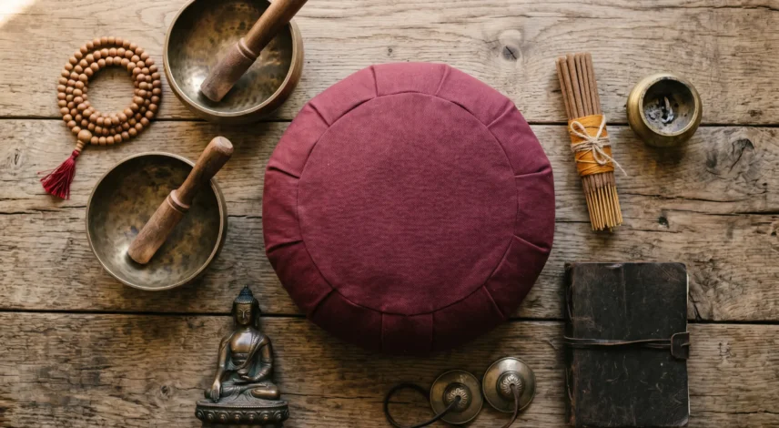 tibetan-meditation-starter-kit-components Seven authentic Tibetan meditation starter kit components laid out on a natural wood surface — zafu cushion, 108-bead mala, hand-hammered singing bowl, Tibetan incense, tingsha bells, Buddha statue, and leather journal