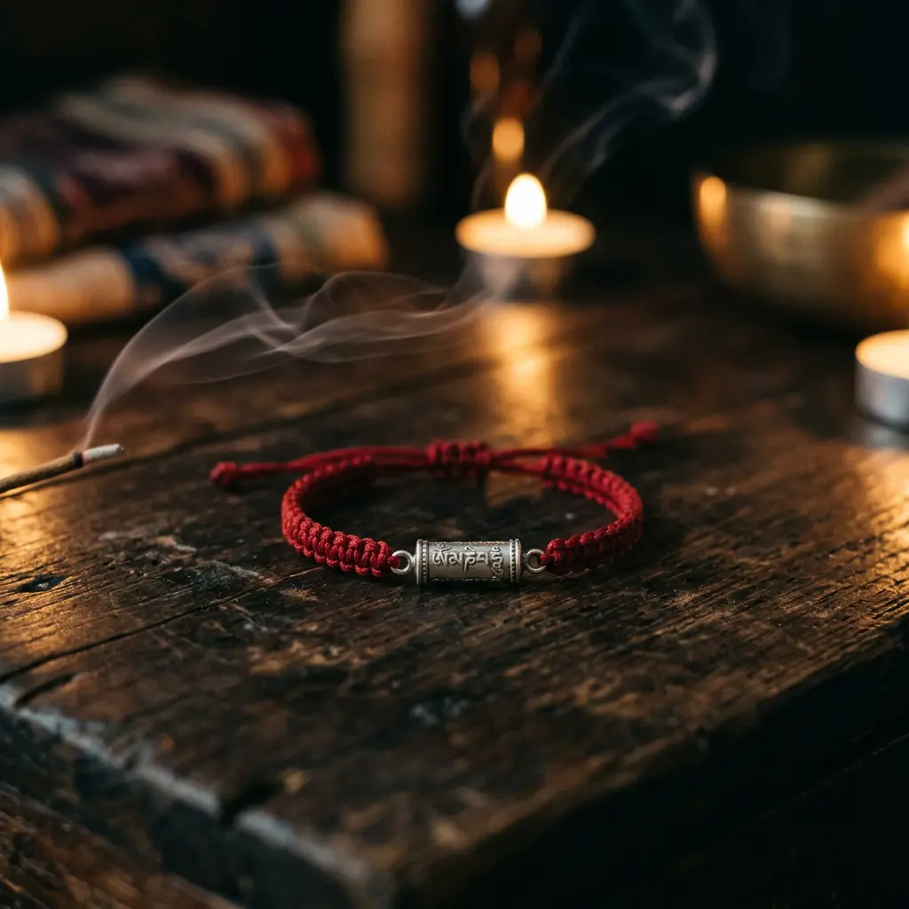 A red knotted Tibetan protection bracelet with a sterling silver Om Mani Padme Hum mantra tube, resting on a wooden altar surface beside incense smoke, symbolizing monastery blessing and puja consecration