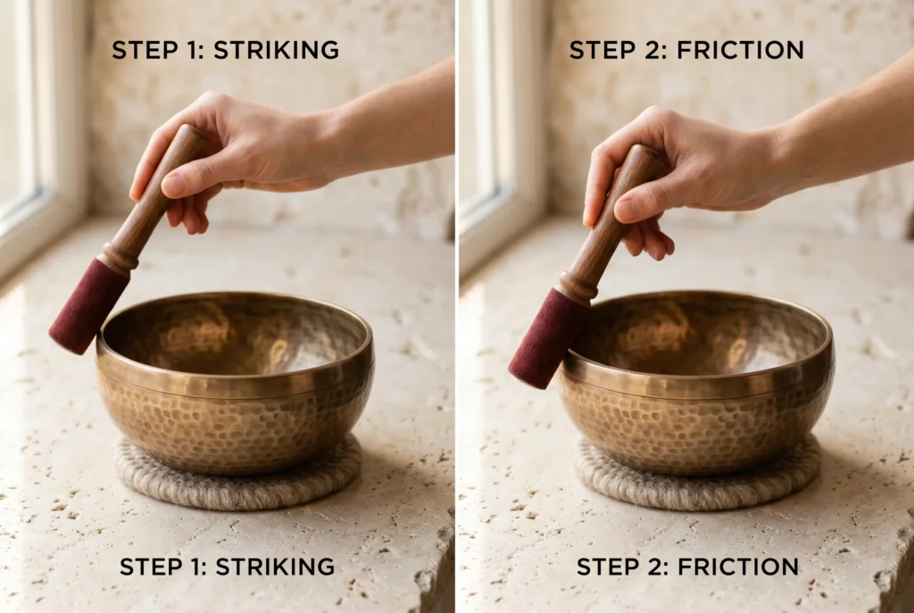 Two-panel image demonstrating Tibetan singing bowl technique — left panel shows wooden mallet striking the bowl's outer wall for a bell tone; right panel shows mallet circling the rim to produce sustained resonance