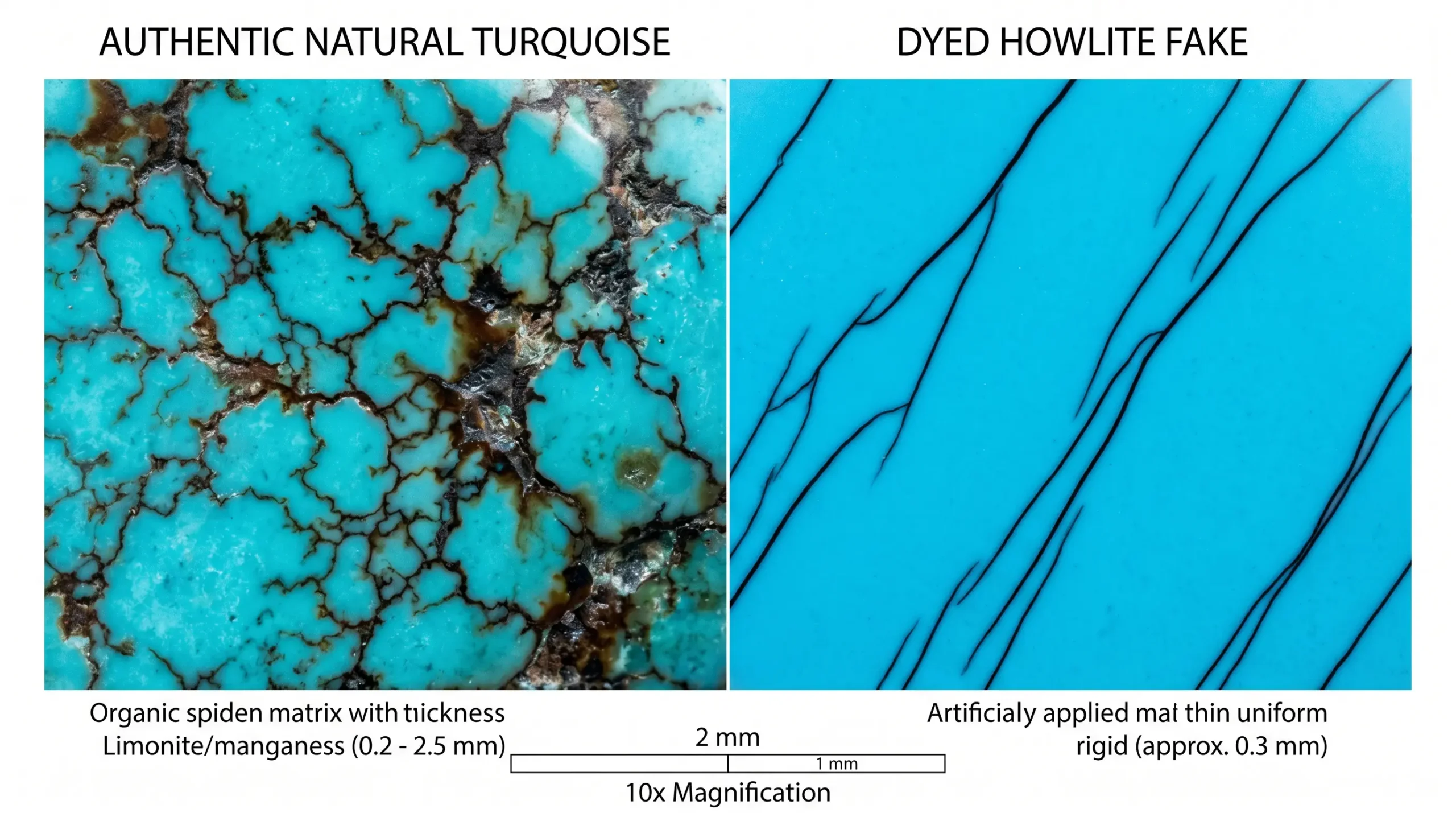 10x magnification split-image showing authentic Tibetan turquoise spiderweb matrix with organic irregular veining on left, versus dyed howlite fake with uniform painted-on lines on right