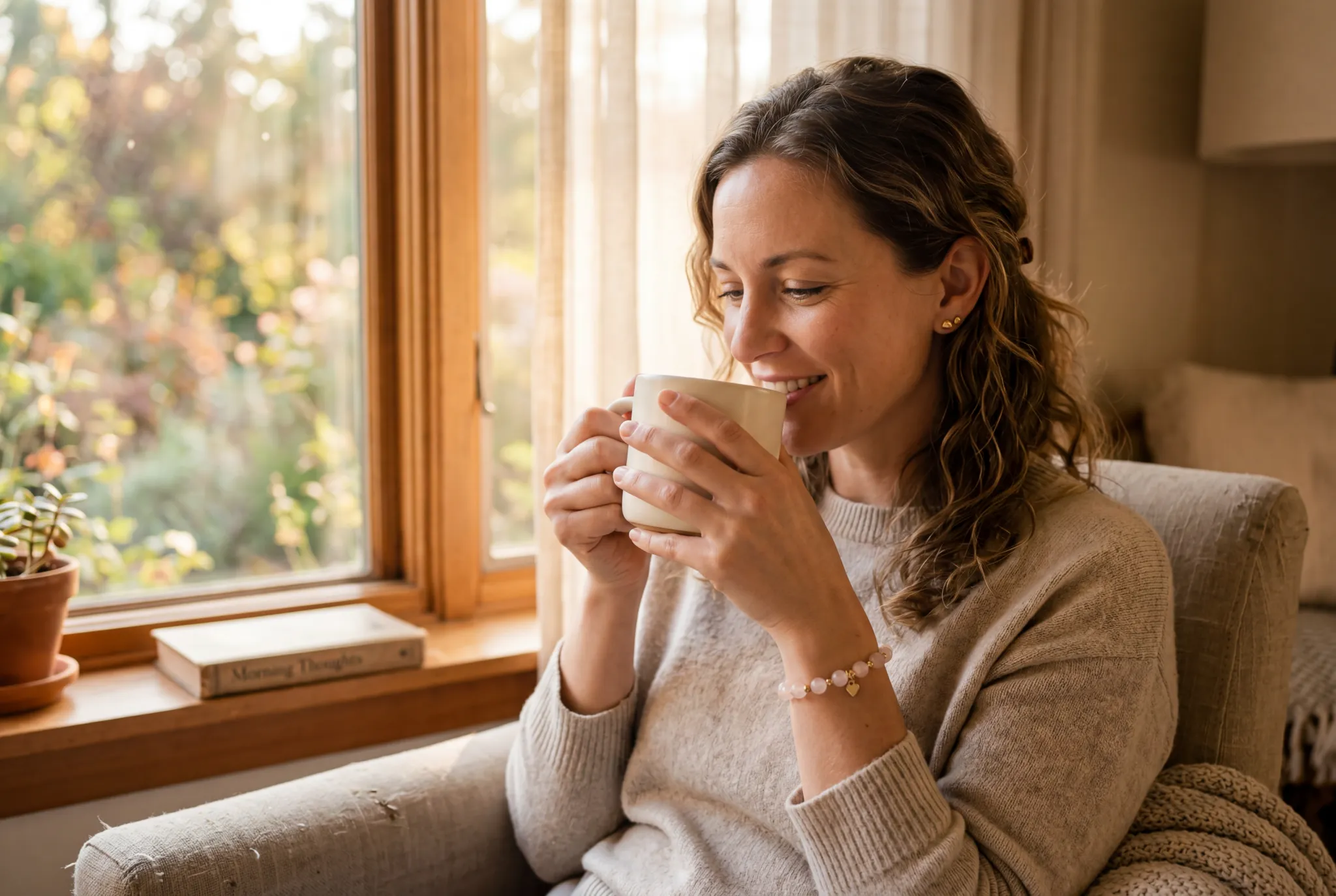 A calm woman wearing a rose quartz bracelet during a quiet morning routine, holding a warm coffee mug, soft golden light, peaceful and grounded expression