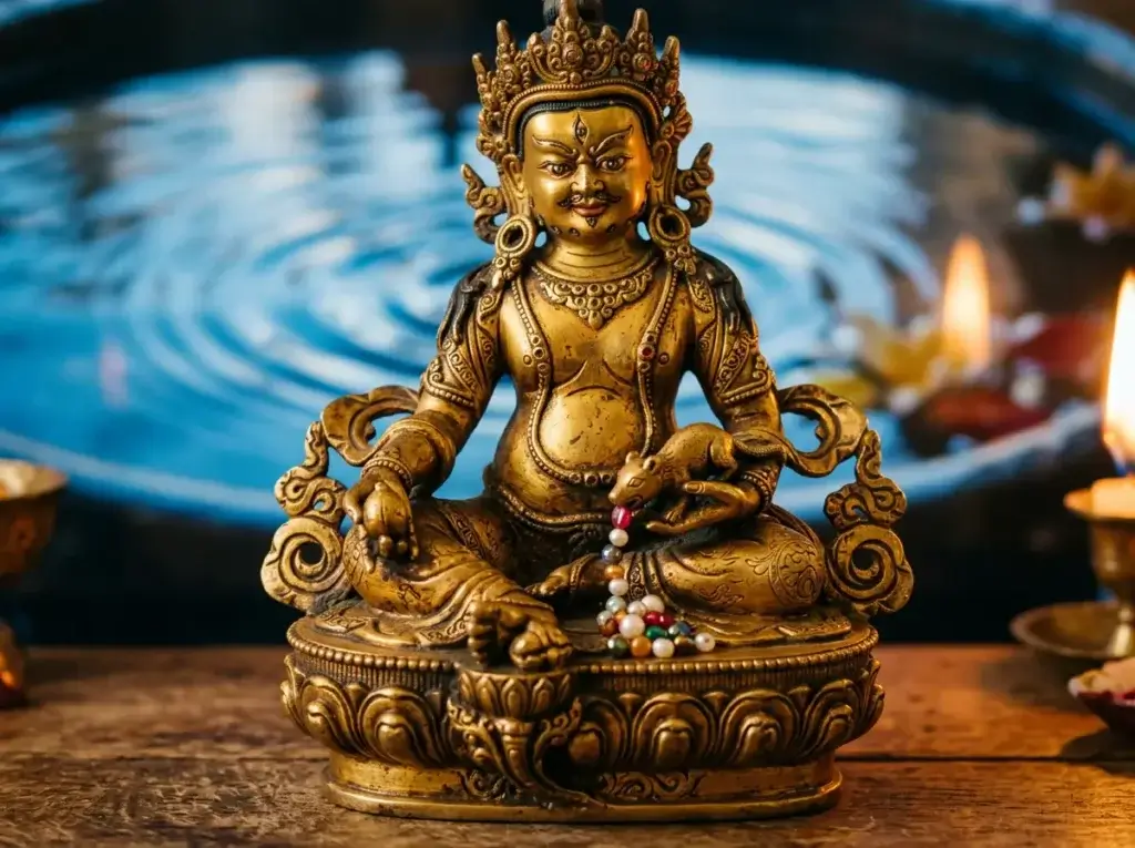 A hand-crafted Tibetan Buddhist Yellow Jambhala (Dzambhala) statue, golden-yellow in color, holding a jewel-spilling mongoose in his left hand, placed near a small flowing water feature