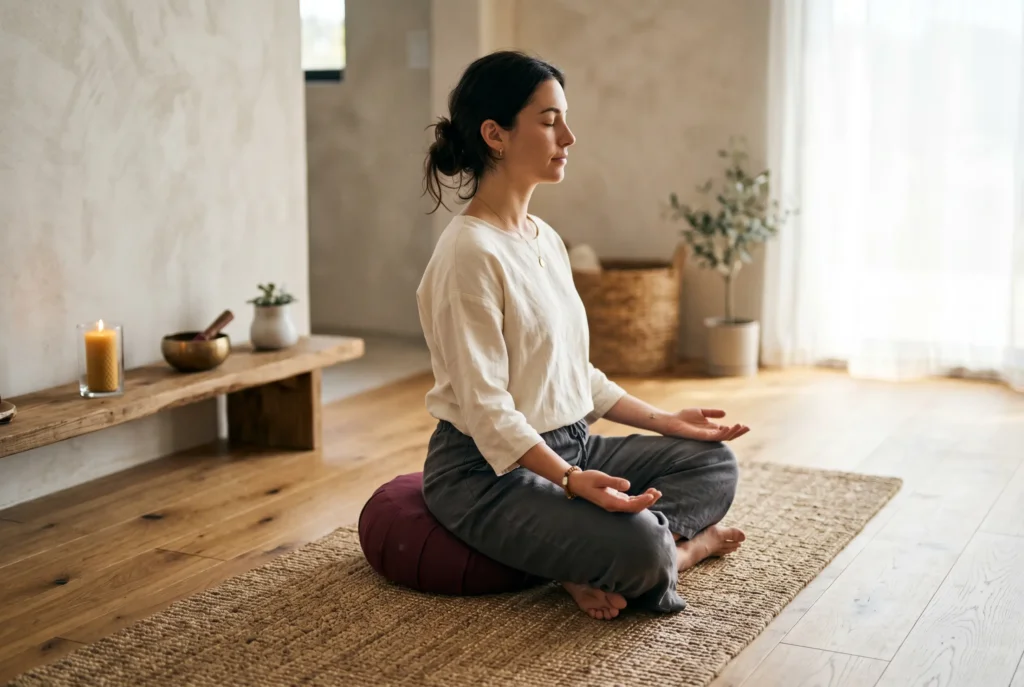 Person sitting in correct meditation posture on a round burgundy zafu cushion — hips elevated above knees, spine upright, hands resting palms-up on thighs, eyes gently closed