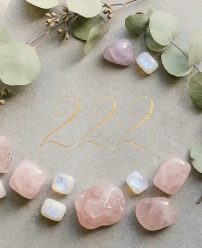 222-angel-number-crystals-rose-quartz-moonstone 222 angel number displayed beside rose quartz and moonstone crystals on a soft pink surface