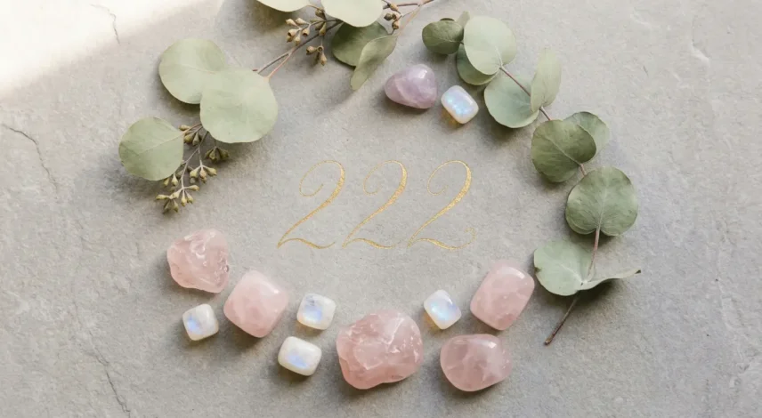 222-angel-number-crystals-rose-quartz-moonstone 222 angel number displayed beside rose quartz and moonstone crystals on a soft pink surface