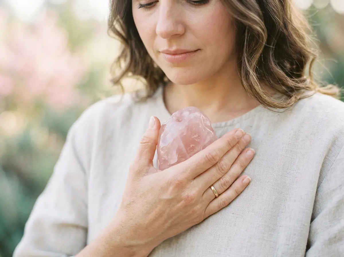 Hand holding a rose quartz crystal at the heart during a calming 222 angel number ritual