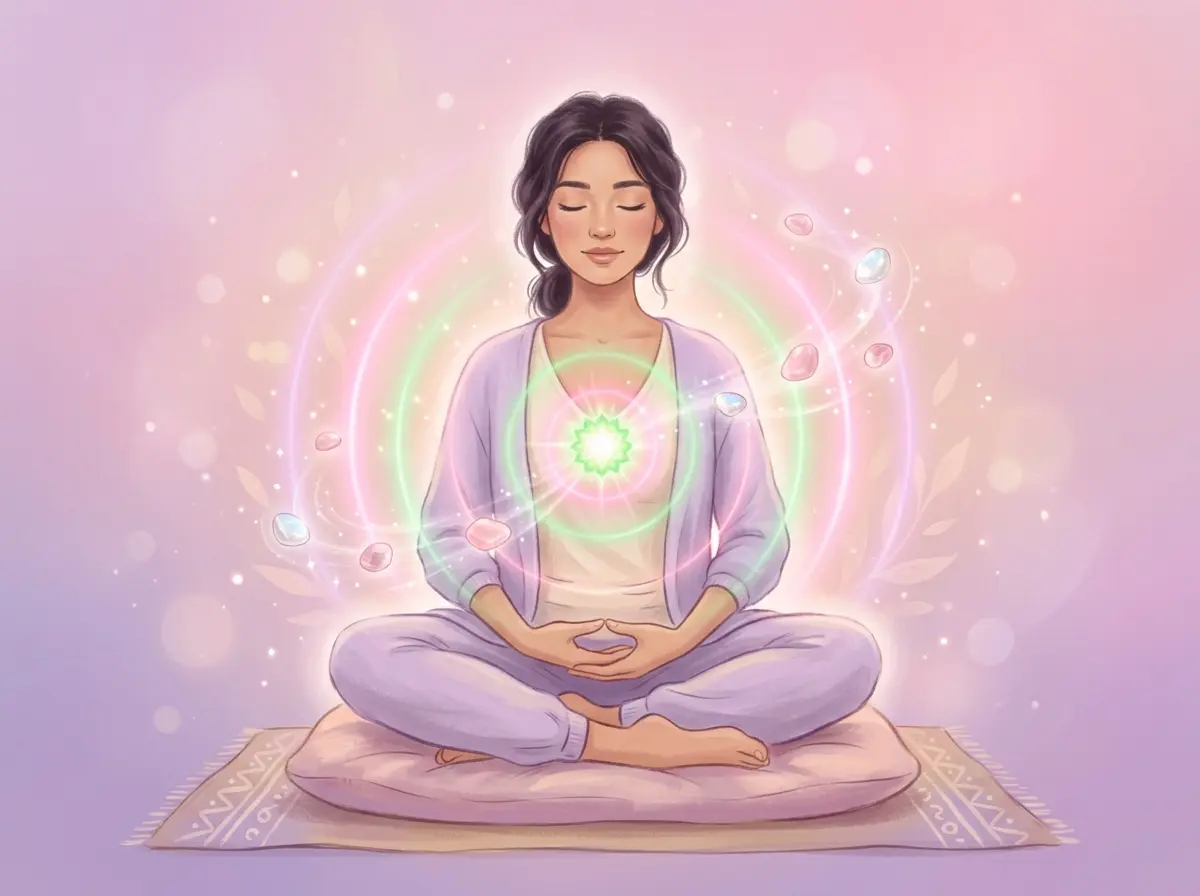 Heart chakra glowing green and pink at the chest, paired with crystals for the 222 angel number