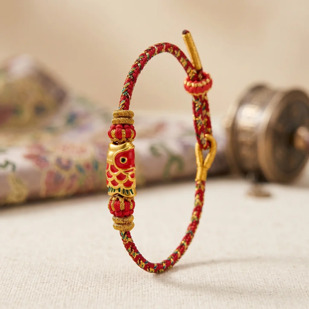 3D View Red Gold Tibetan Fish Bracelet - Handwoven Buddhist Prayer Jewelry 3D View Red Gold Tibetan Fish Bracelet Handwoven Buddhist Prayer Jewelry
