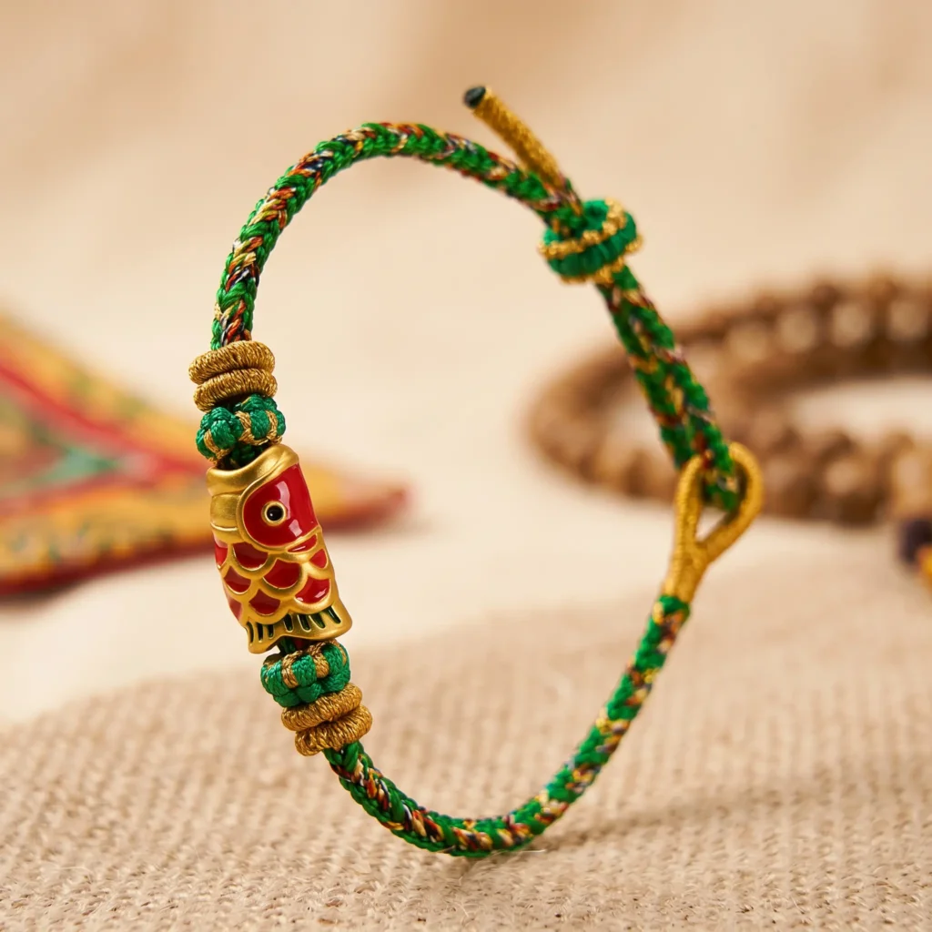 3D View Tibetan Lucky Fish Bracelet - Green Braided Adjustable Wristband 3D View Tibetan Lucky Fish Bracelet Green Braided Adjustable Wristband