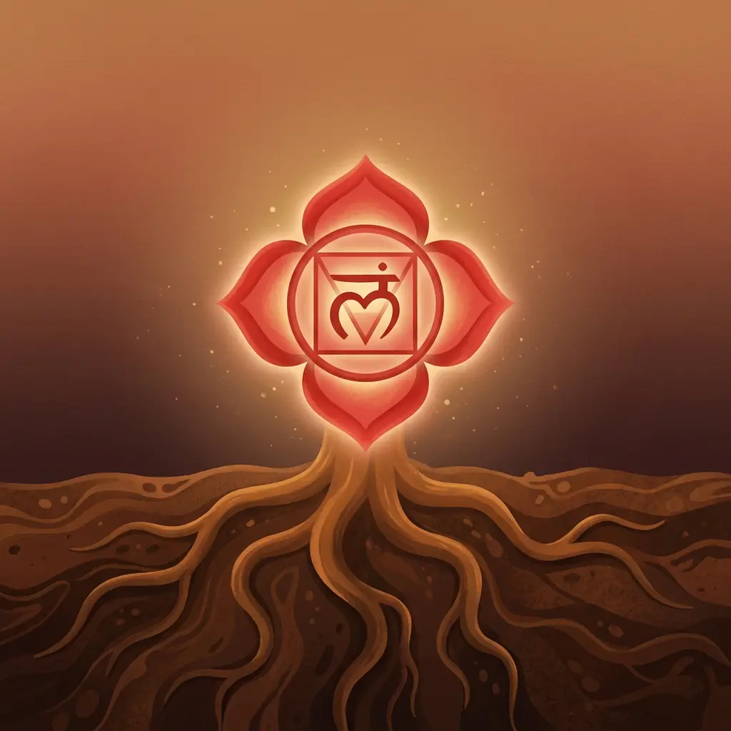 Root chakra Muladhara symbol as a red four-petaled lotus representing grounding and stability