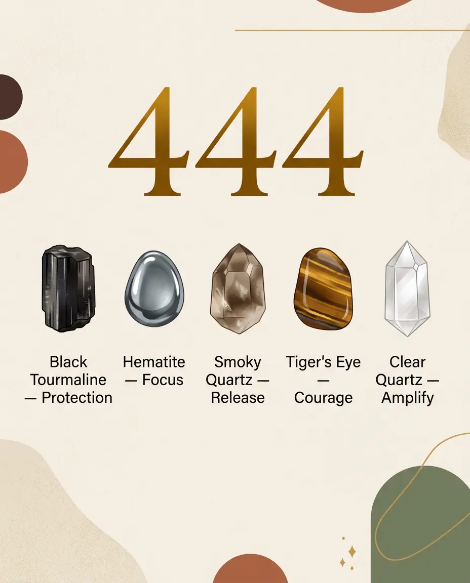 Infographic pairing the 444 angel number with five grounding crystals: black tourmaline, hematite, smoky quartz, tiger's eye, and clear quartz