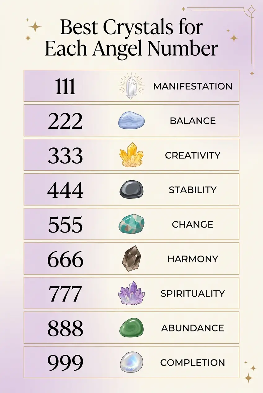 Infographic chart matching the best crystal to each angel number from 111 to 999