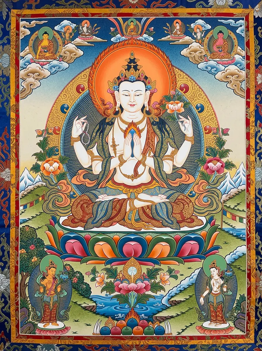 Thangka-style painting of Avalokiteshvara (Chenrezig), the bodhisattva of compassion whose mantra is Om Mani Padme Hum
