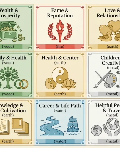 Bagua Energy Map and the Nine Feng Shui Life Areas A bagua energy map showing nine feng shui zones for wealth, love, career, health, family, knowledge, creativity, helpful people, and fame.