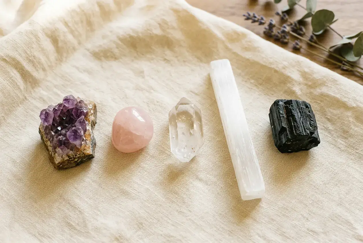 Hand passing a clear quartz crystal through sage smoke beside a brass singing bowl — a water-free way to cleanse crystals.