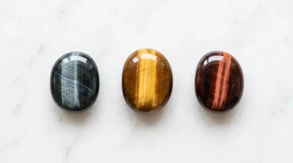 Three tiger eye stones side by side showing blue, golden, and red varieties to illustrate iron oxidation stages