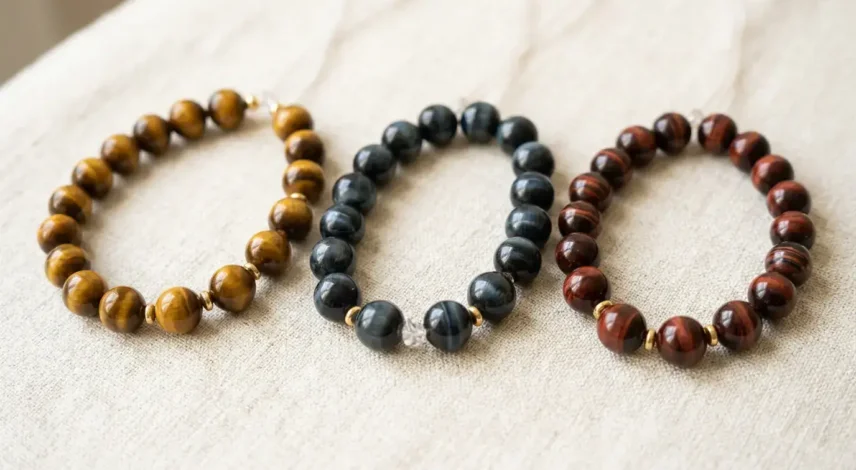 Blue Red and Gold Tiger Eye Bracelets Compared Three tiger eye bracelets side by side in gold, blue, and red showing chatoyancy bands