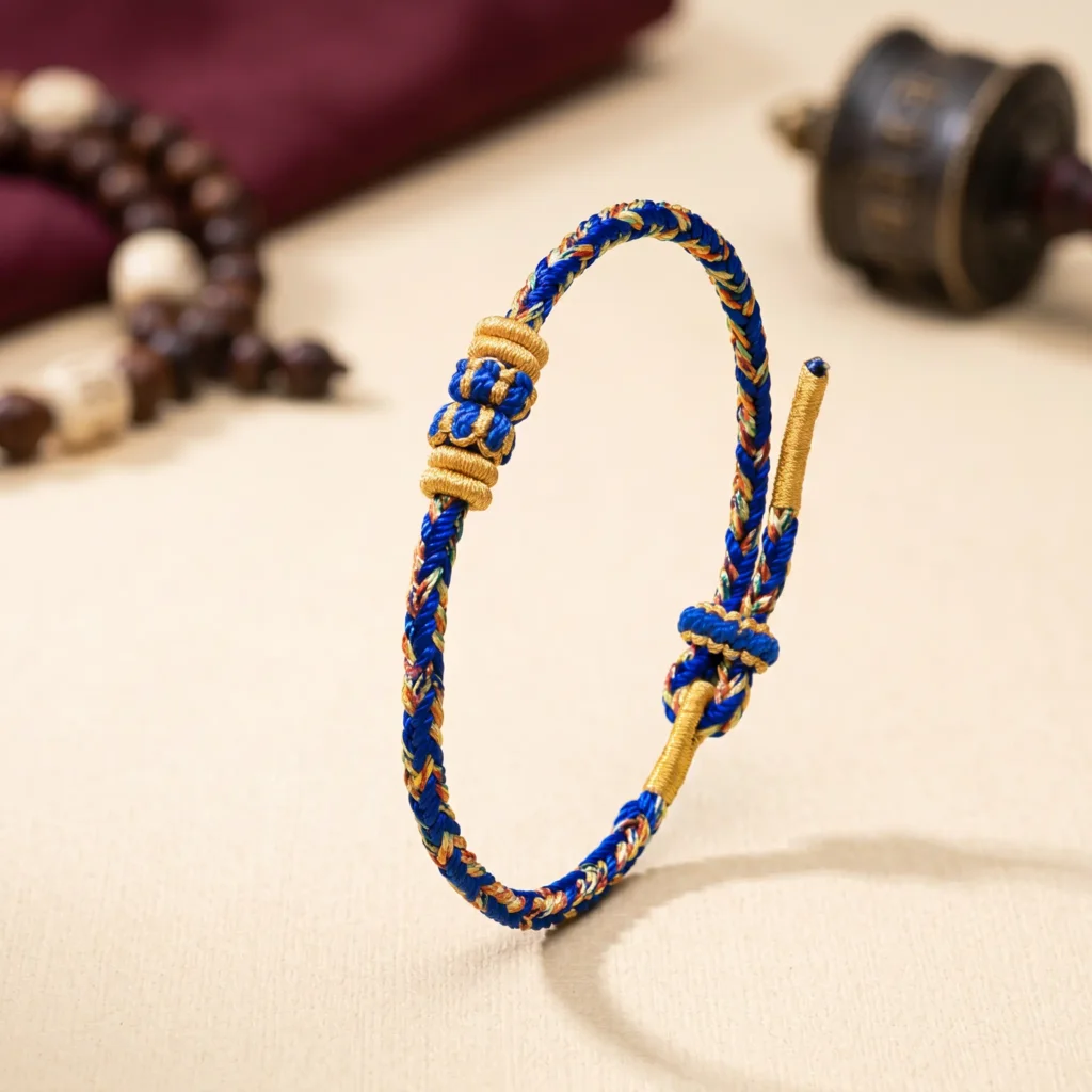 Blue Tibetan Cord Bracelet with Gold Beads - Adjustable Buddhist Wristband Blue Tibetan Cord Bracelet with Gold Beads Adjustable Buddhist Wristband