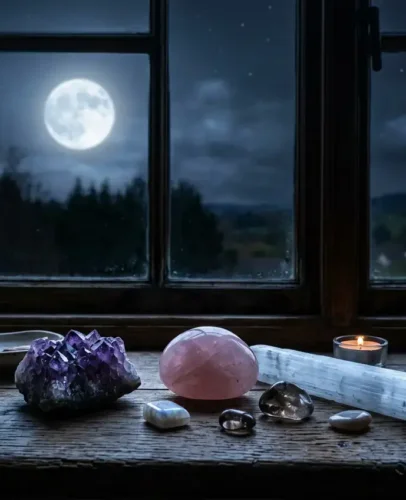Charging crystals under moonlight on windowsill overnight Flat-lay of beginner-friendly crystals — amethyst, rose quartz, clear quartz, selenite, and black tourmaline — arranged for cleansing and charging.