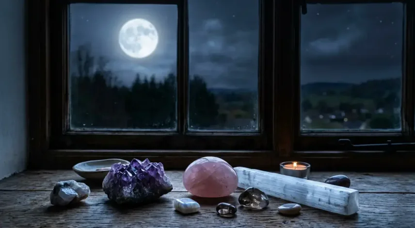 Charging crystals under moonlight on windowsill overnight Flat-lay of beginner-friendly crystals — amethyst, rose quartz, clear quartz, selenite, and black tourmaline — arranged for cleansing and charging.