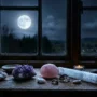 Charging crystals under moonlight on windowsill overnight Flat-lay of beginner-friendly crystals — amethyst, rose quartz, clear quartz, selenite, and black tourmaline — arranged for cleansing and charging.