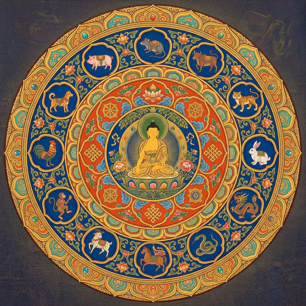 Thangka-style mandala showing the twelve Chinese zodiac animals arranged around their eight Guardian Buddhas