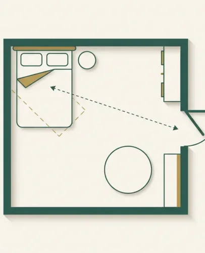 Commanding Position Feng Shui Bedroom Floor Plan Top-down floor plan showing a bed in the commanding position, set diagonally from the bedroom door with a solid wall behind the headboard and a clear view of the entrance