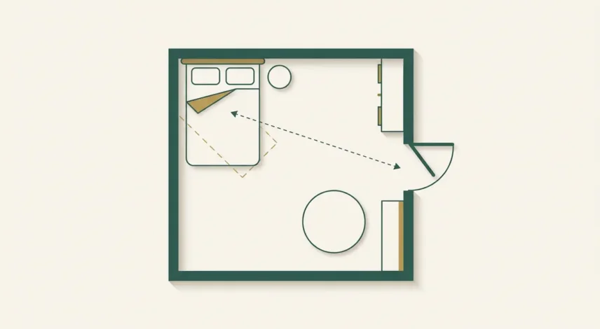 Commanding Position Feng Shui Bedroom Floor Plan Top-down floor plan showing a bed in the commanding position, set diagonally from the bedroom door with a solid wall behind the headboard and a clear view of the entrance