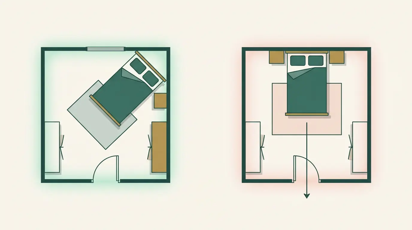 Side-by-side floor plans comparing the commanding bed position with the coffin position, where the foot of the bed points directly at the door