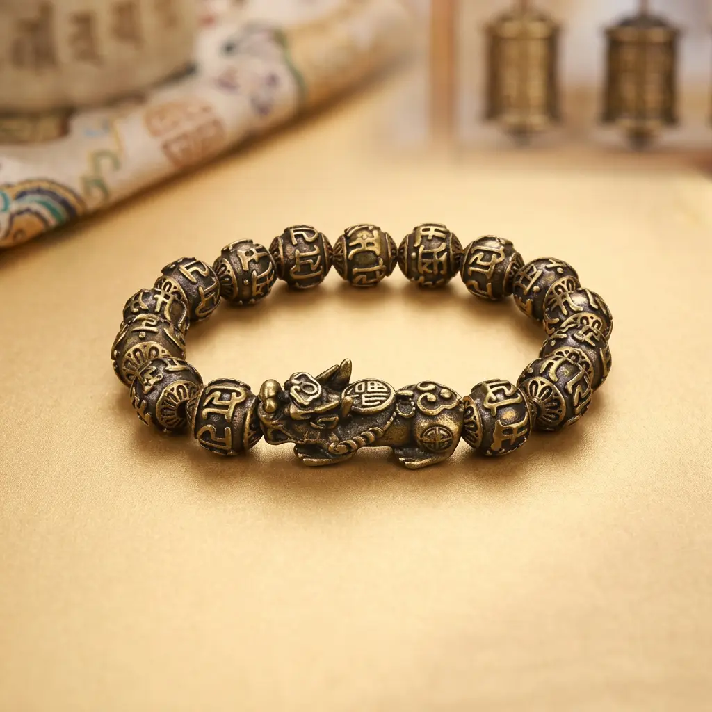 Copper Pixiu Bracelet Close-Up with Prayer Wheels Close-up of carved Pi Yao head on a copper Pixiu mantra bracelet beside Tibetan prayer wheels