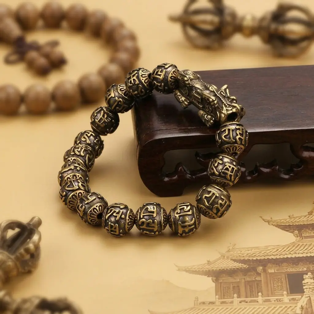 Copper Pixiu Bracelet on Wood Stand with Mala Beads Copper Pixiu mantra bracelet resting on a wood stand with mala beads and a temple scene behind